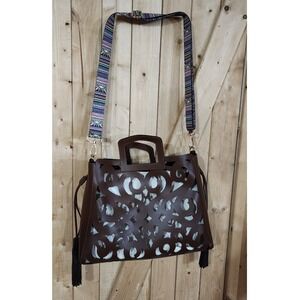 A. Bellucci Italy Brown Leather Laser Cut Tote Bag Guitar Strap Tassel Handbag